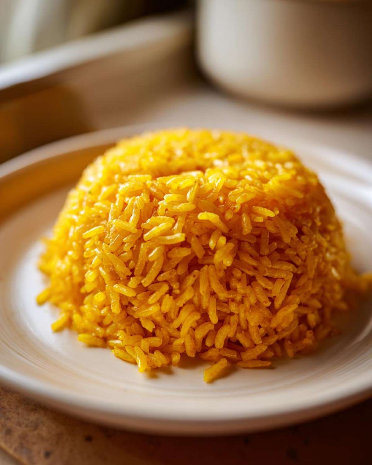 A close-up of a perfectly molded mound of bright yellow turmeric rice served on a light-colored plate.