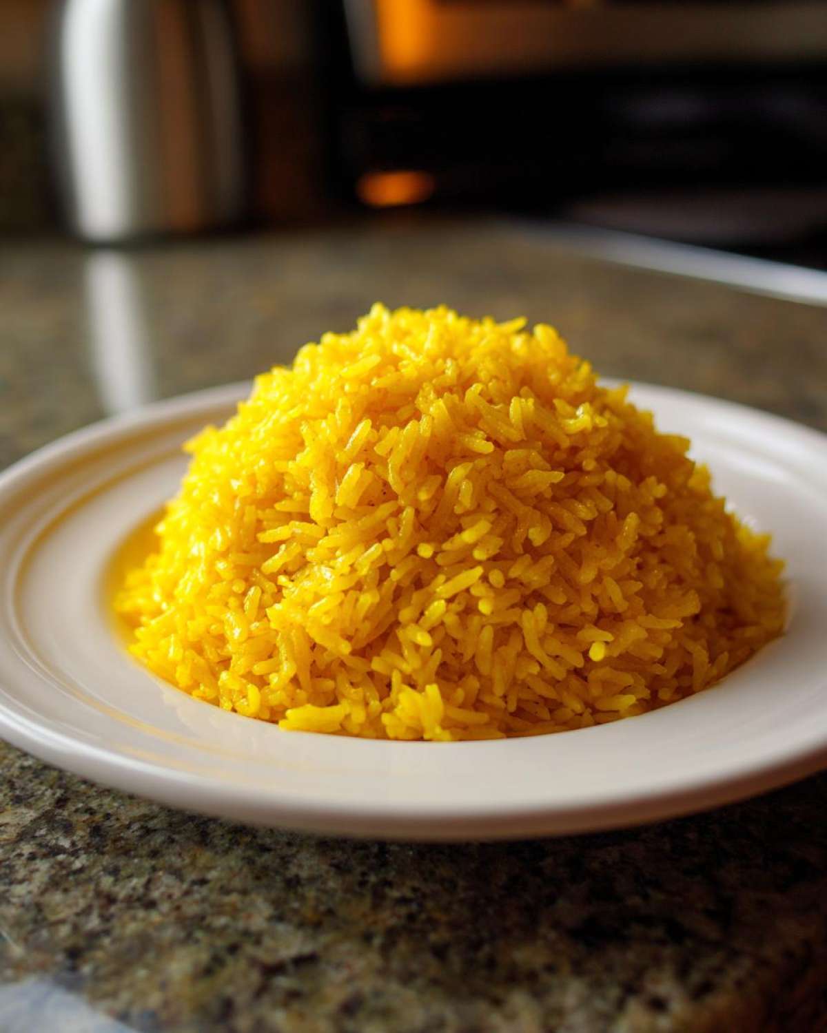A perfectly mounded serving of vibrant yellow turmeric rice on a white plate.