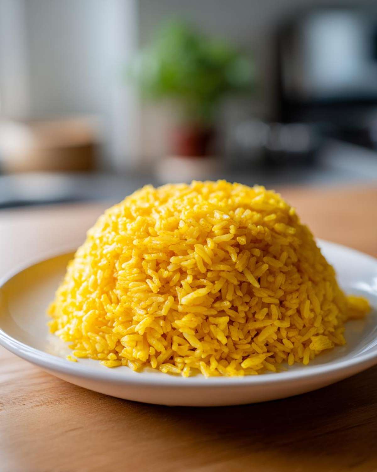 A perfectly molded dome of bright yellow turmeric rice served on a white plate.