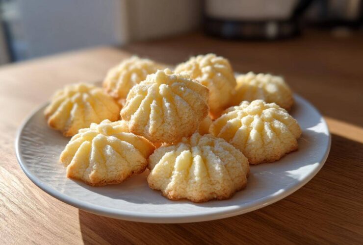 A plate piled high with freshly baked, ridged butter cookie treats, highlighted by natural sunlight.
