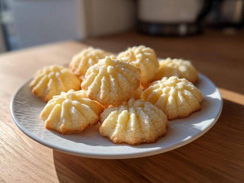A plate piled high with freshly baked, ridged butter cookie treats, highlighted by natural sunlight.