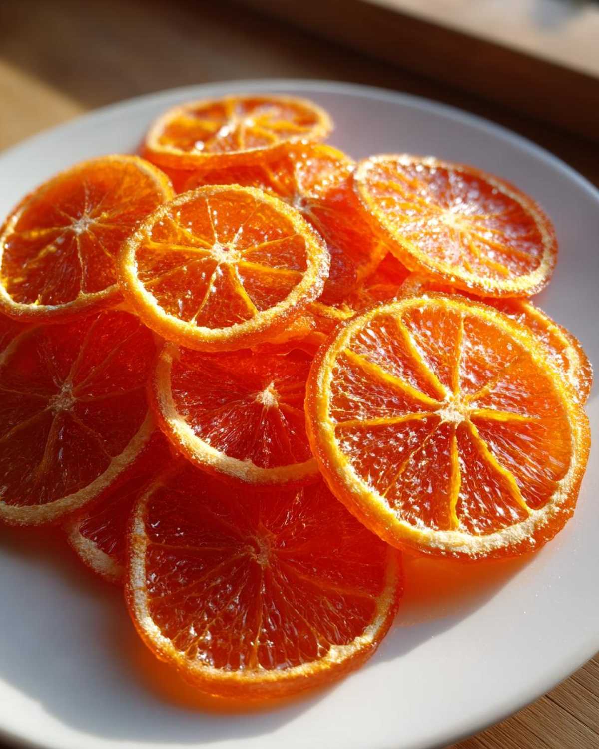 A pile of glistening, bright orange candied orange slices dusted with sugar resting on a white plate.