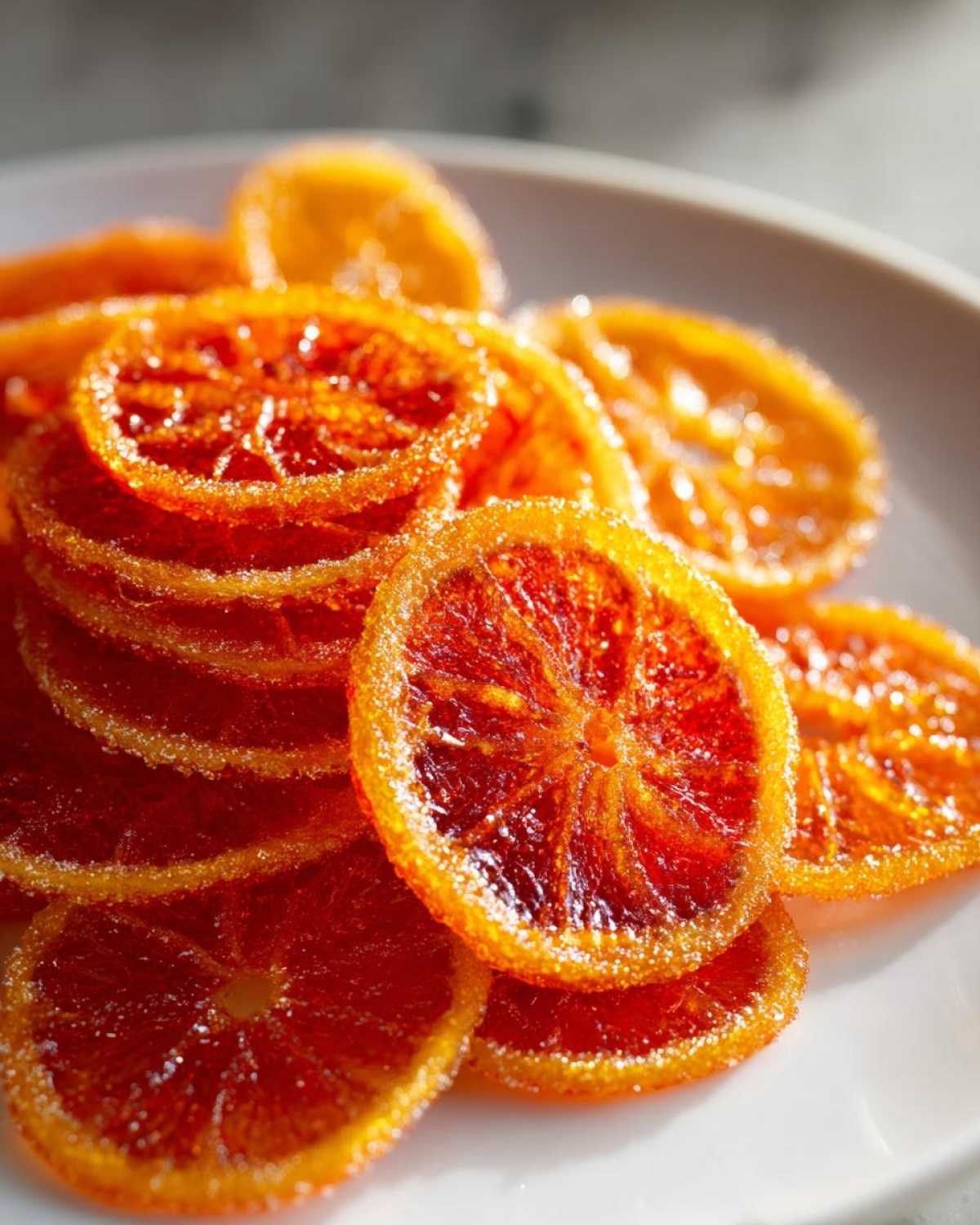 A close-up shot of glistening, sugar-coated candied orange slices, showing deep red and orange hues.