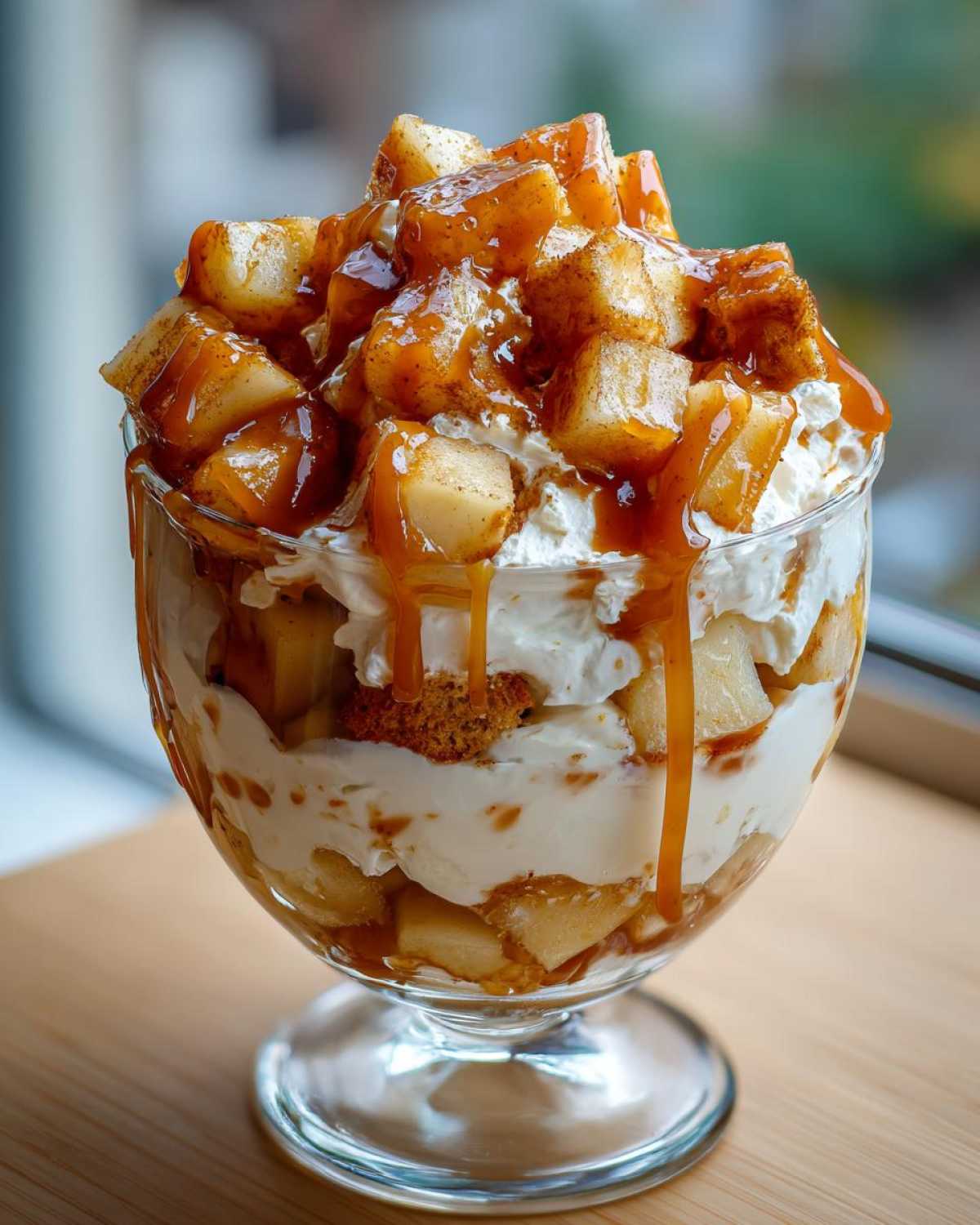 A close-up of a delicious caramel apple trifle layered with whipped cream and topped with caramel-coated apple chunks.