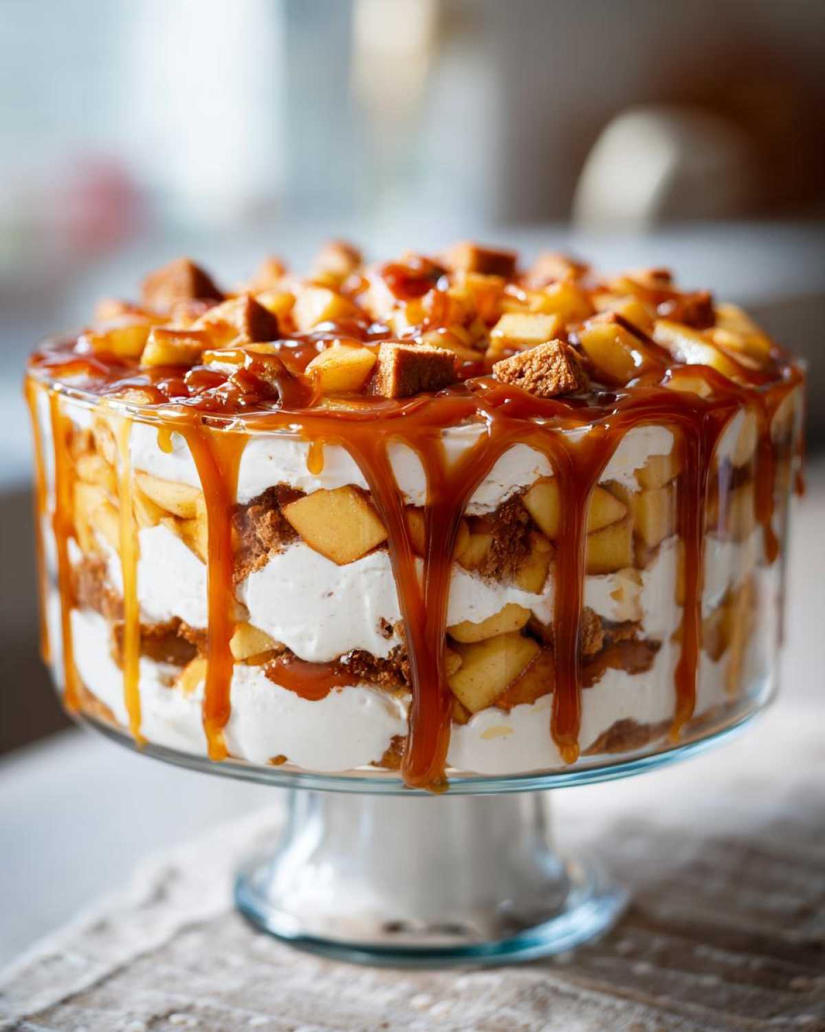 A multi-layered caramel apple trifle featuring whipped cream, spiced apples, cake pieces, and dripping caramel sauce.