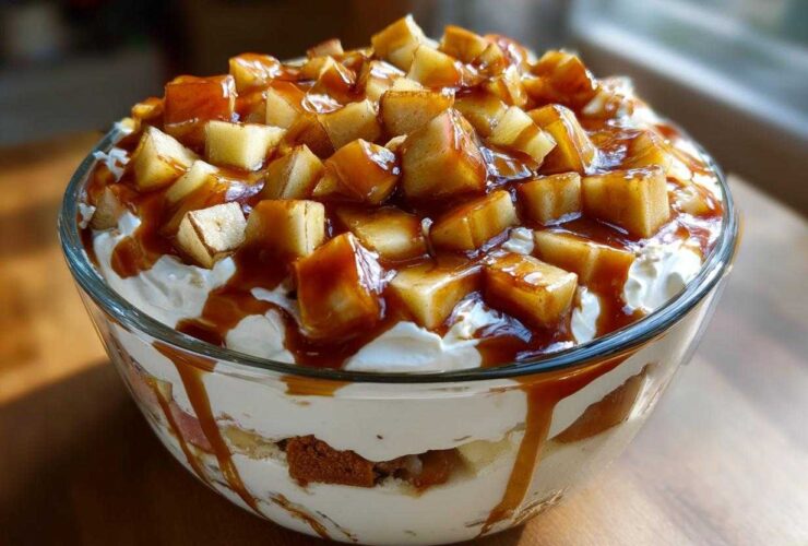 A close-up of a glass bowl filled with a layered caramel apple trifle, topped with whipped cream and caramel-coated apple chunks.