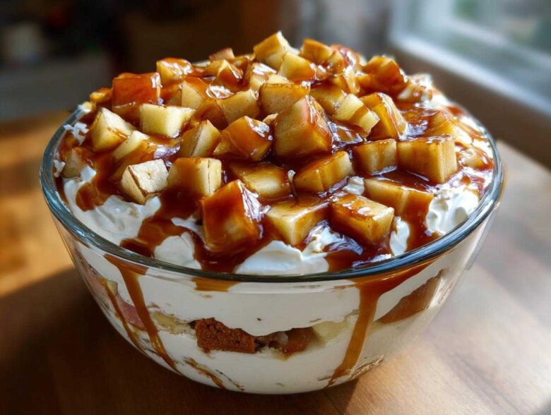 A close-up of a glass bowl filled with a layered caramel apple trifle, topped with whipped cream and caramel-coated apple chunks.
