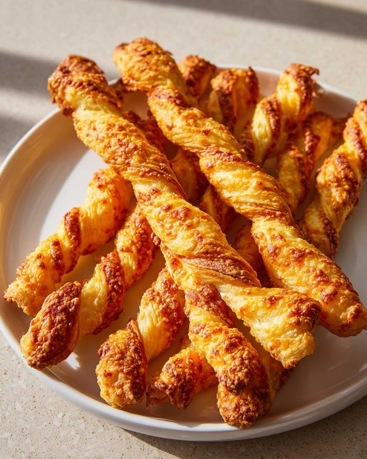A pile of golden brown, flaky, twisted cheese straws recipe baked until crispy and served on a white plate.