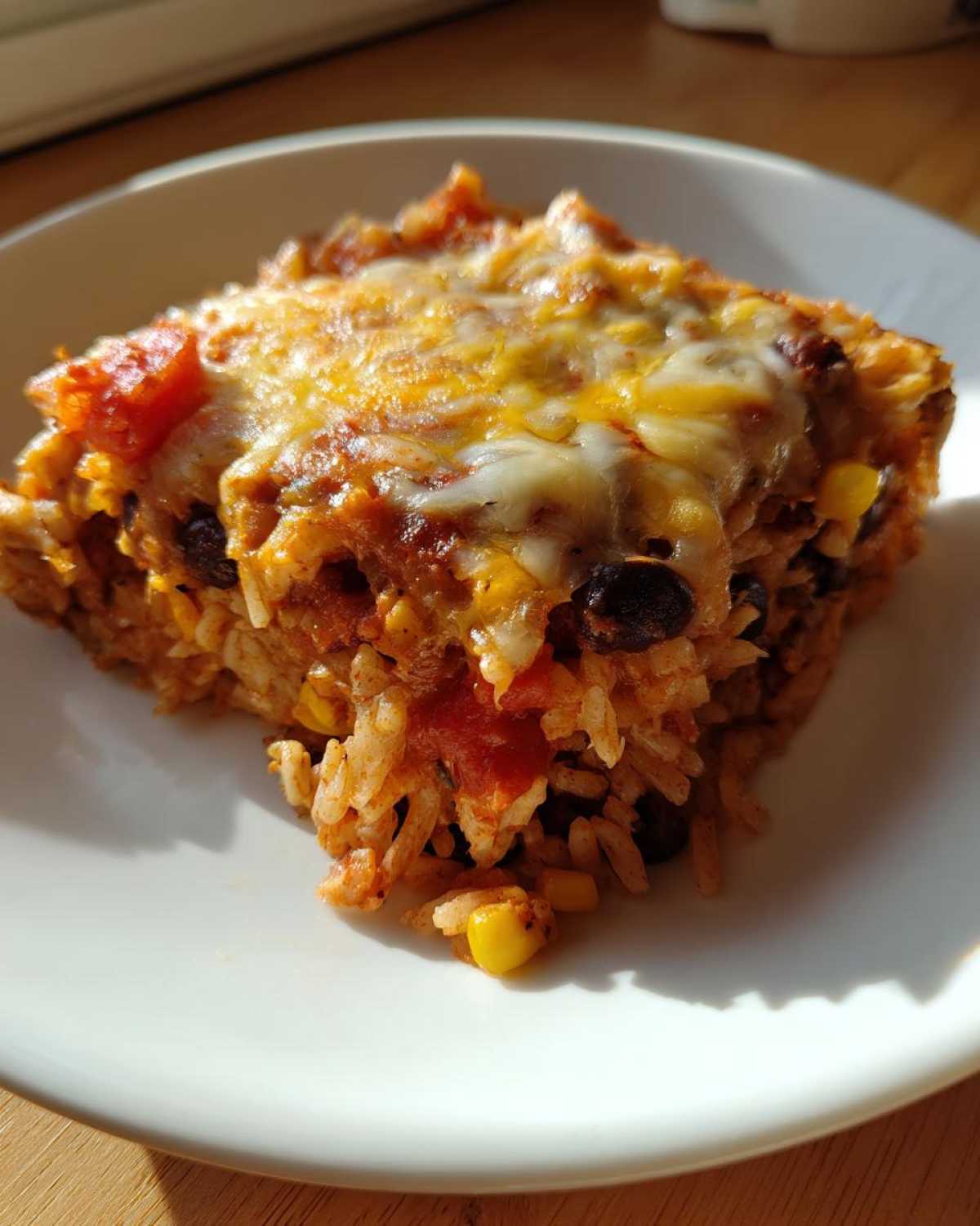 A square serving of cheesy burrito bake, featuring rice, black beans, corn, and melted cheese topping.