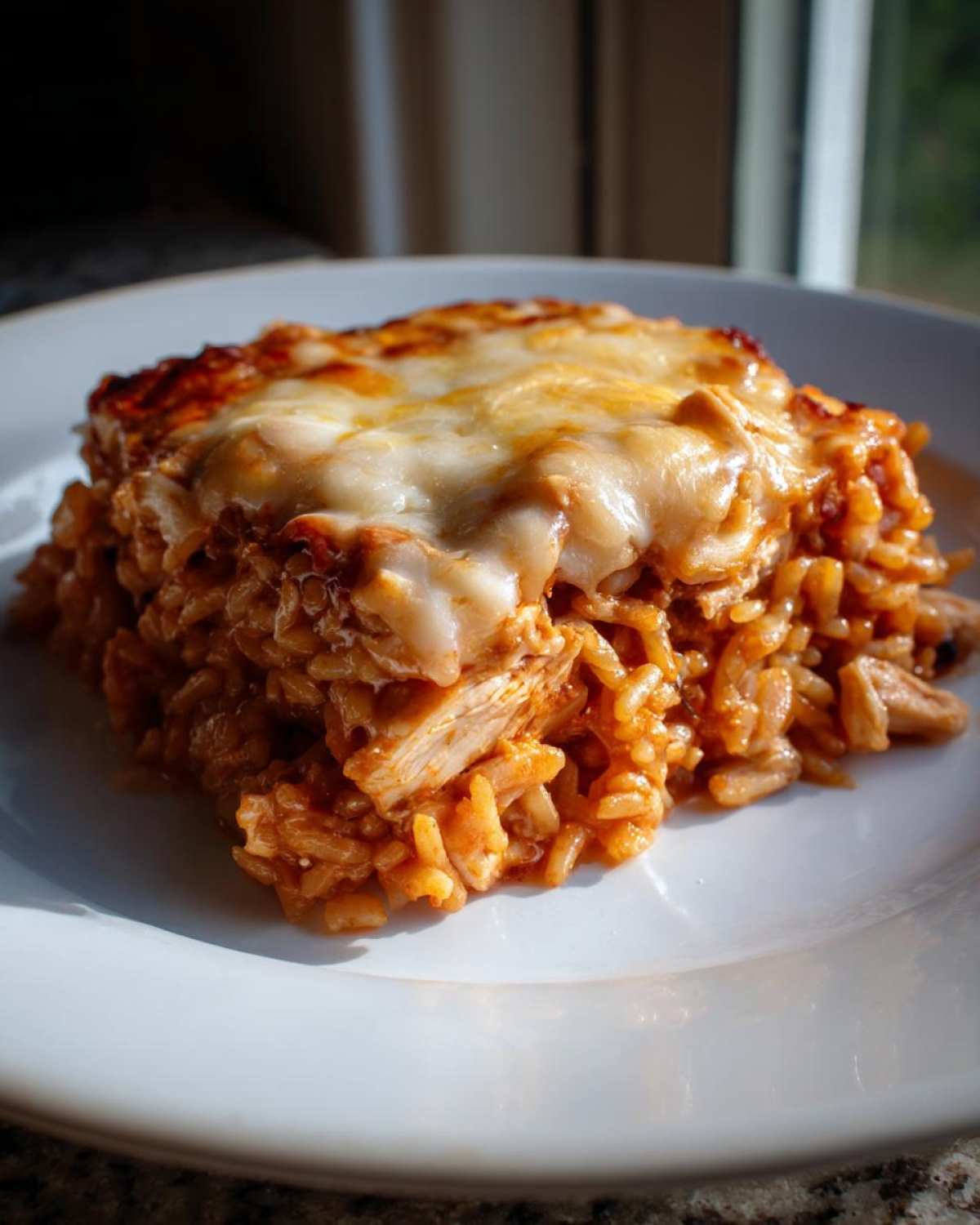 A square serving of cheesy chicken burrito bake with orange-tinted rice on a white plate.