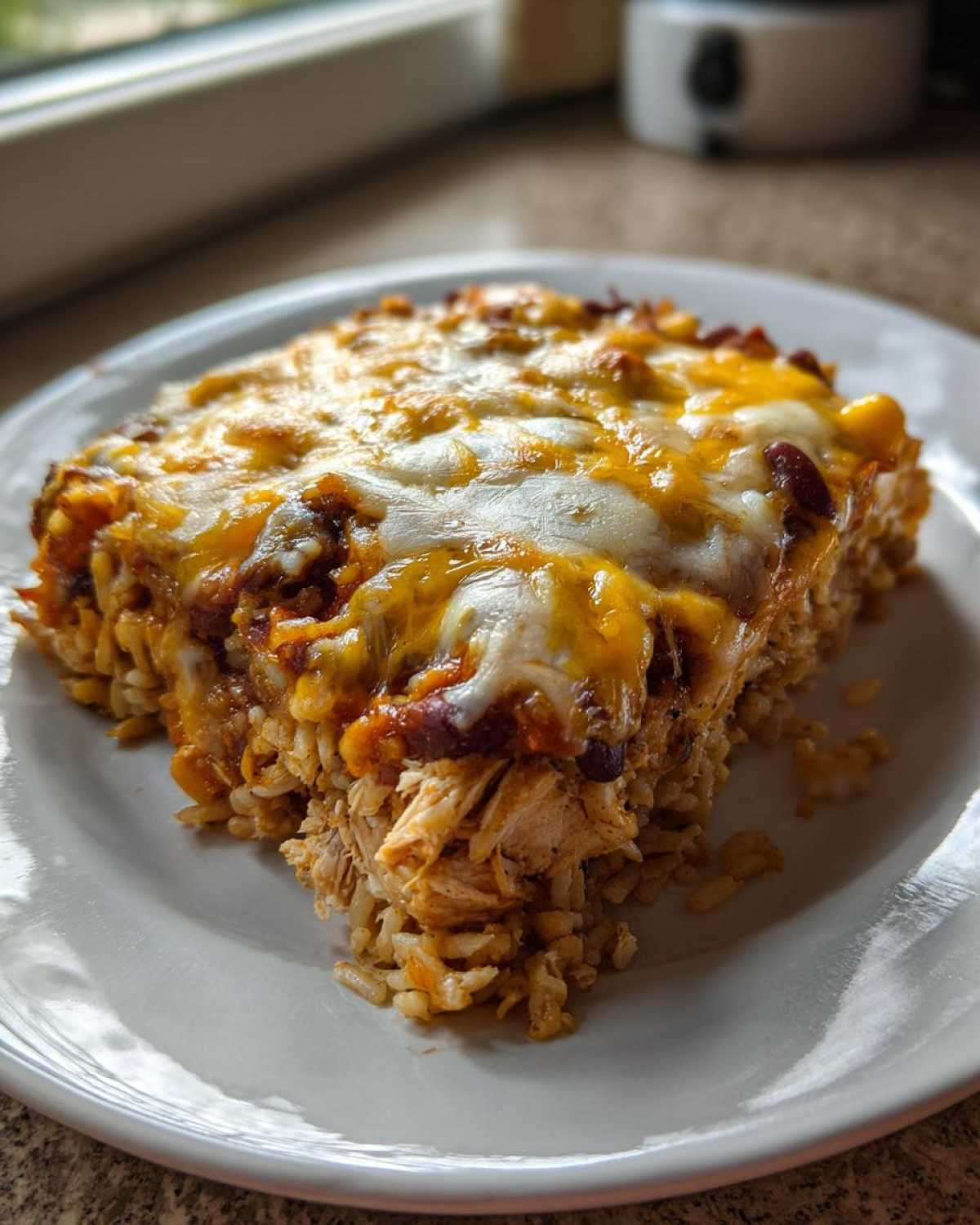 A square serving of cheesy chicken burrito bake with rice and beans on a white plate.