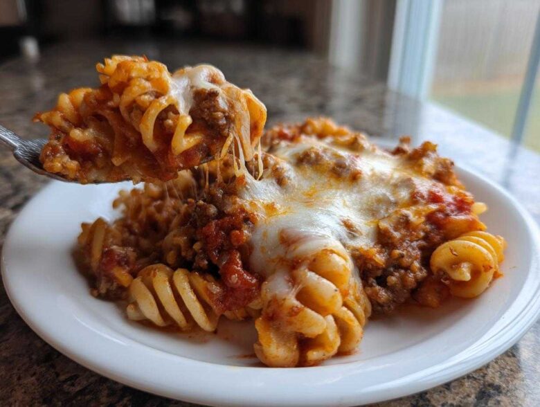 A spoonful of cheesy pizza casserole with rotini pasta and meat sauce being lifted from a white plate.