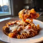 A fork lifts a cheesy, saucy portion of pasta from a bowl of pizza casserole, showing dramatic cheese pull.
