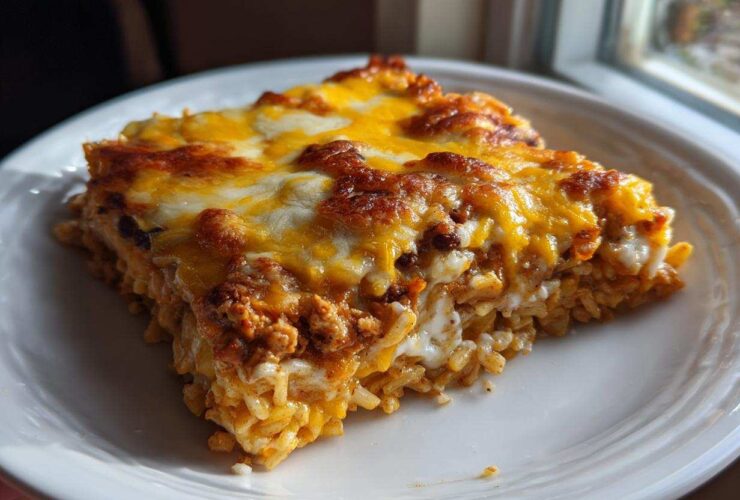 A close-up, sunlit serving of cheesy burrito bake layered with rice and ground meat mixture on a white plate.
