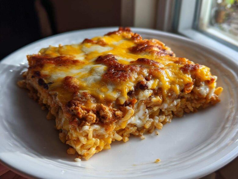 A close-up, sunlit serving of cheesy burrito bake layered with rice and ground meat mixture on a white plate.