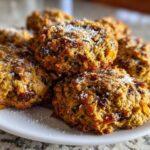 A stack of golden brown, chewy fruitcake cookies generously studded with dried fruit and lightly dusted with powdered sugar.