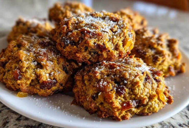 A stack of golden brown, chewy fruitcake cookies generously studded with dried fruit and lightly dusted with powdered sugar.
