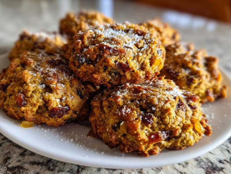 A stack of golden brown, chewy fruitcake cookies generously studded with dried fruit and lightly dusted with powdered sugar.