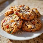 A stack of chewy fruitcake cookies topped with powdered sugar on a white plate.