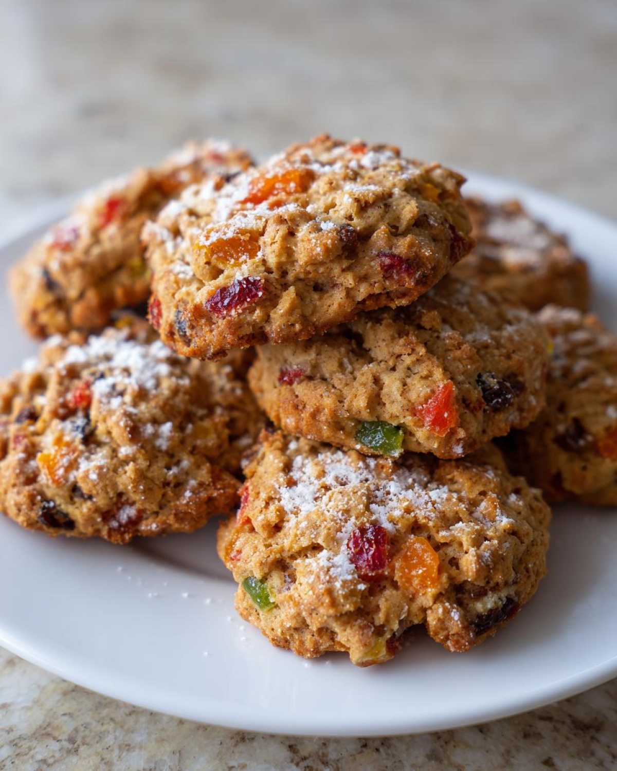 A stack of freshly baked, chewy fruitcake cookies studded with candied fruit, lightly dusted with powdered sugar.