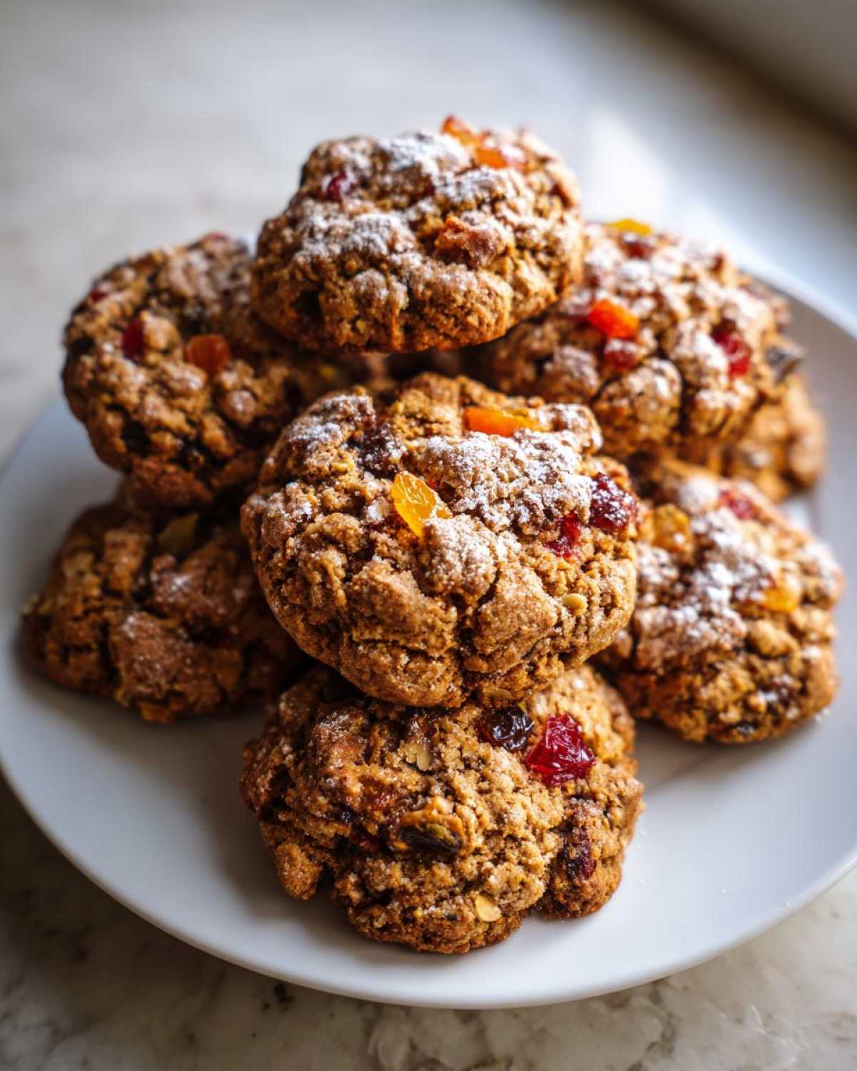 A close-up stack of chewy fruitcake cookies loaded with dried fruit and lightly dusted with powdered sugar.