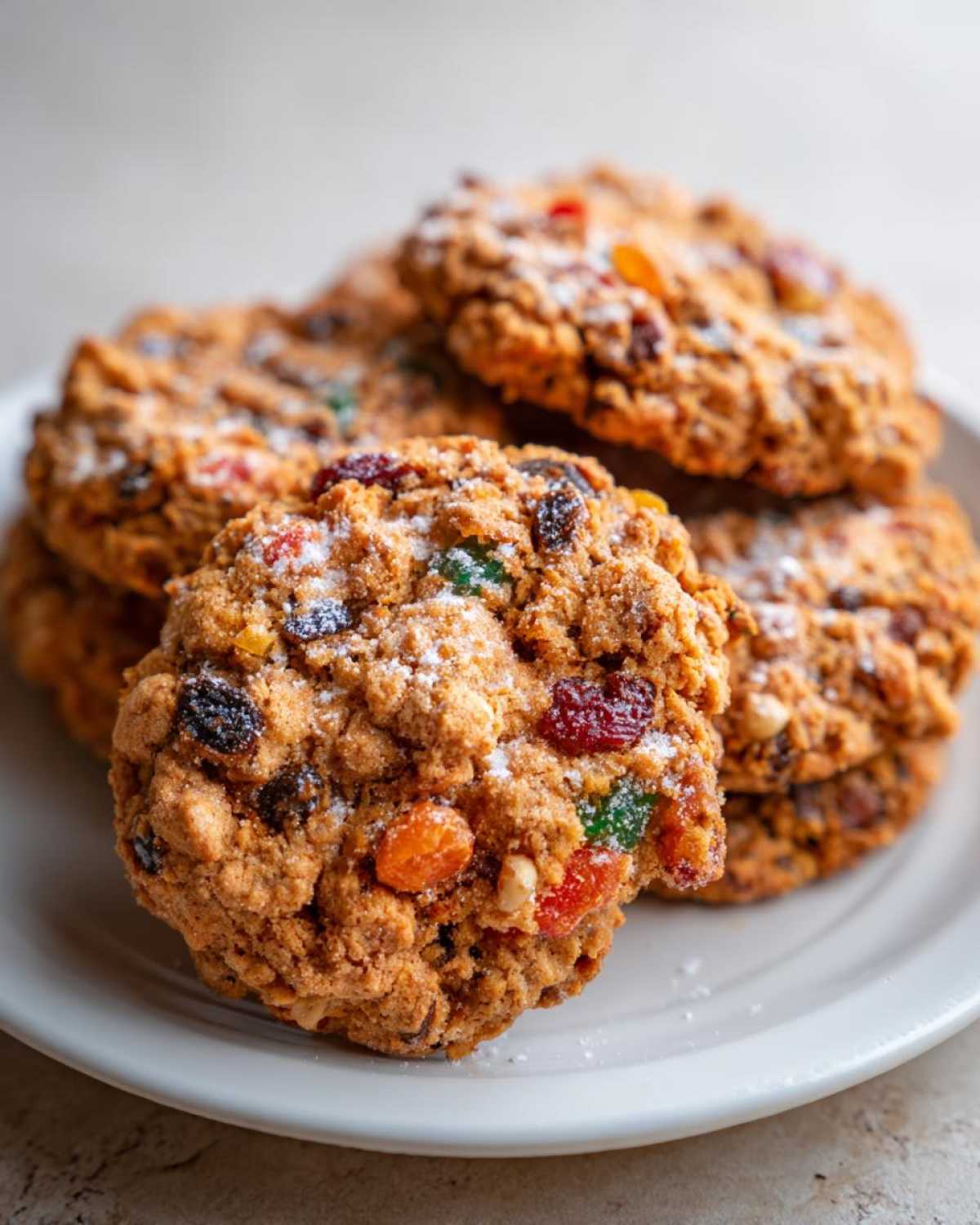 A stack of chewy fruitcake cookies dusted with powdered sugar on a white plate.