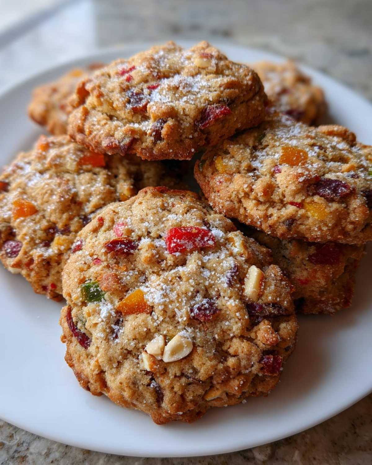 A stack of chewy fruitcake cookies loaded with candied fruit and nuts, lightly dusted with powdered sugar.