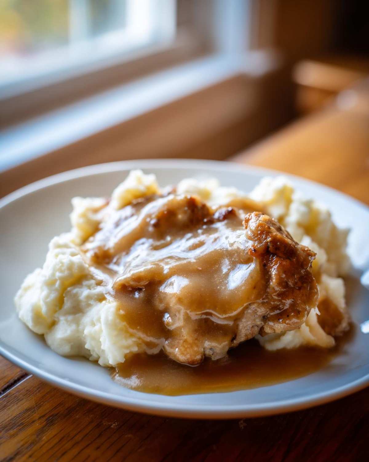 Close-up of a piece of cooked chicken and gravy served over fluffy mashed potatoes.