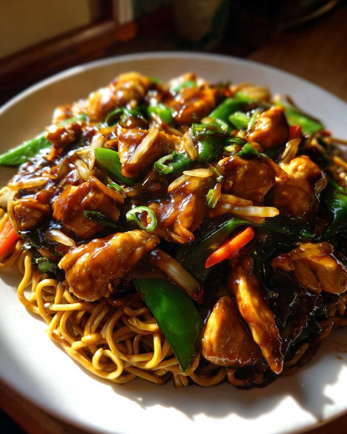 Close-up of a hearty portion of chicken chow mein recipe with glossy sauce, chicken pieces, and bright green vegetables.