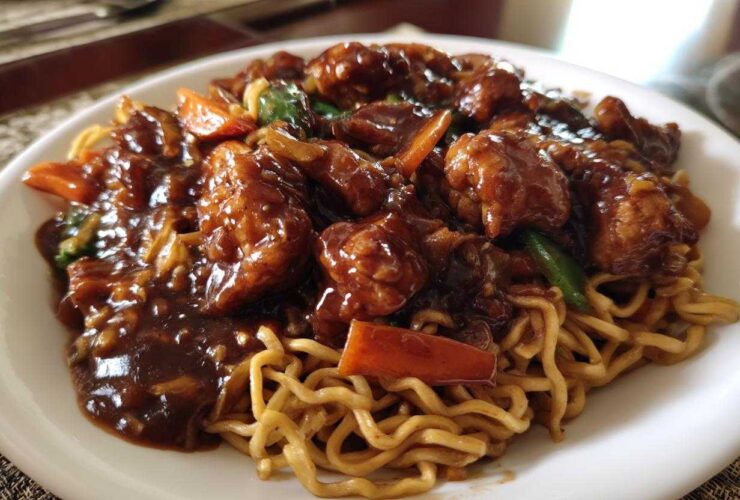 Close-up of a white plate featuring saucy chicken pieces and vegetables served over egg noodles in a chicken chow mein recipe.