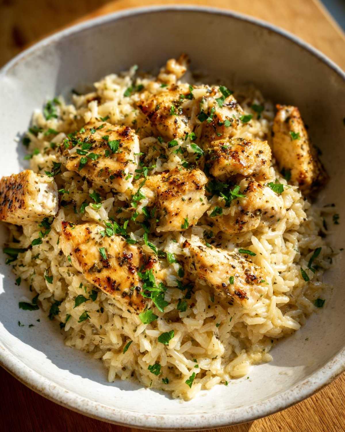 Close-up of seasoned chicken pieces served over creamy garlic parmesan rice, garnished with fresh parsley.