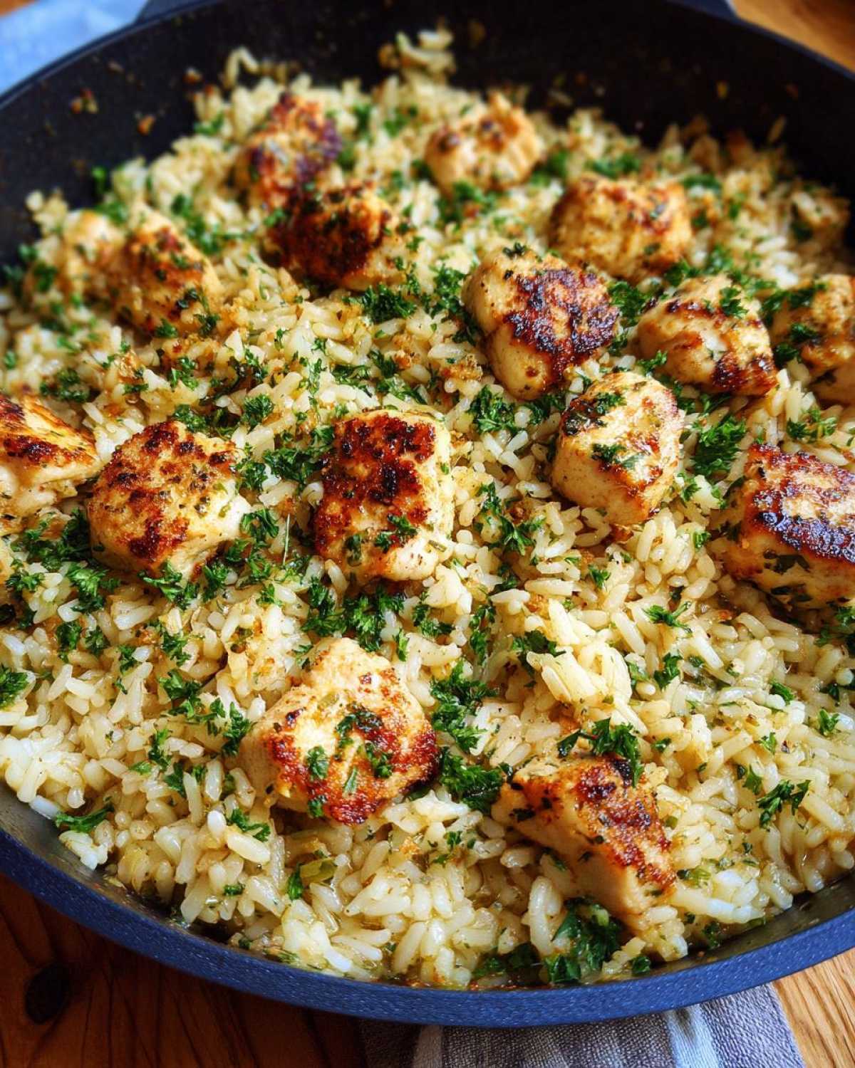 Close-up of pan-seared chicken pieces served over garlic parmesan rice, garnished with fresh parsley.