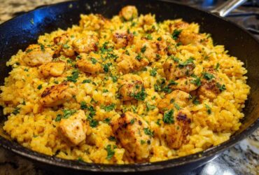Close-up of chicken scampi with garlic parmesan rice served in a black skillet, garnished with parsley.