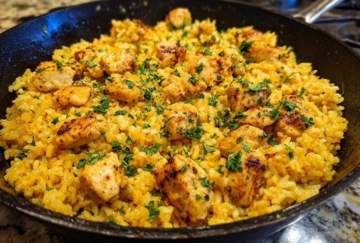 Close-up of chicken scampi with garlic parmesan rice served in a black skillet, garnished with parsley.