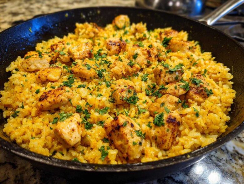 Close-up of chicken scampi with garlic parmesan rice served in a black skillet, garnished with parsley.