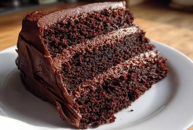 A decadent slice of three-layer chocolate cake recipe covered in thick chocolate frosting, sitting on a white plate.
