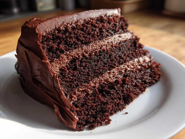 A decadent slice of three-layer chocolate cake recipe covered in thick chocolate frosting, sitting on a white plate.