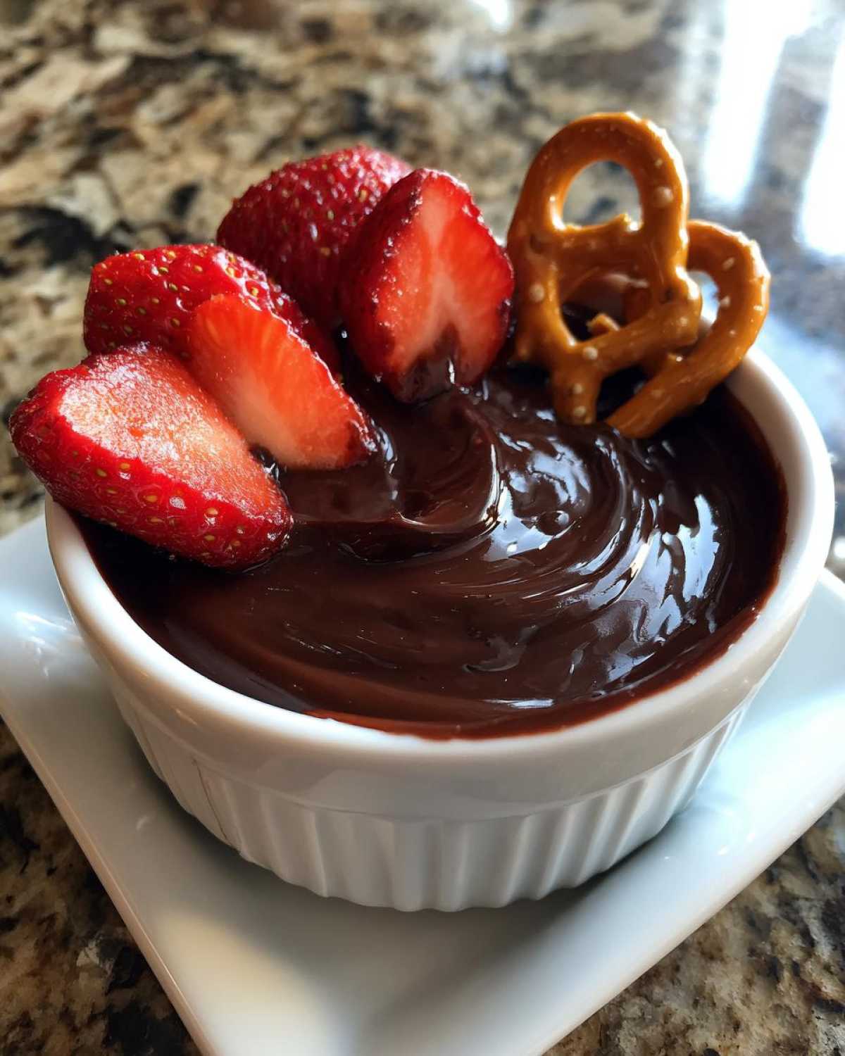 Close-up of rich chocolate fondue in a white ramekin, topped with fresh strawberries and pretzels.