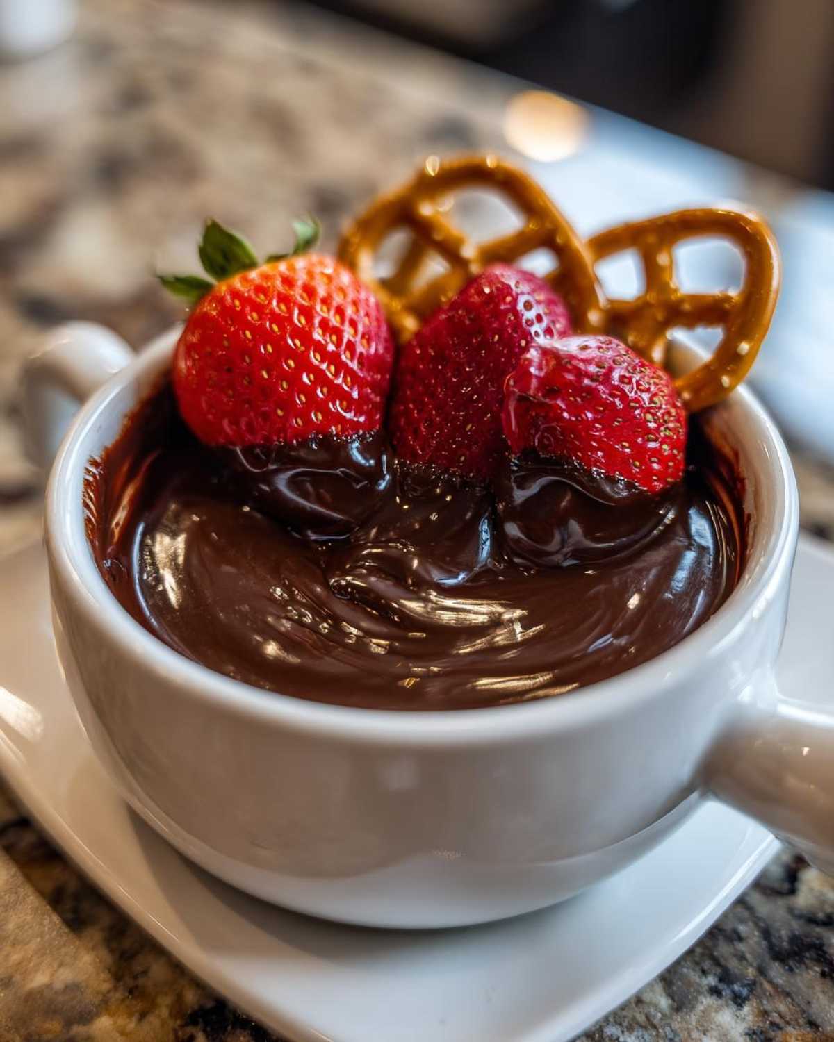 A white bowl filled with rich chocolate fondue, topped with fresh strawberries and pretzels for dipping.