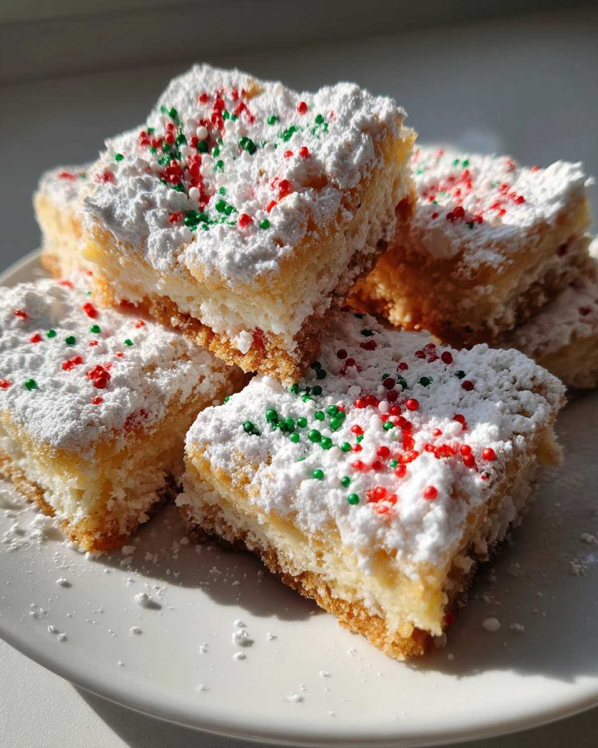 A stack of rich christmas gooey butter cookies topped with powdered sugar and red and green sprinkles.