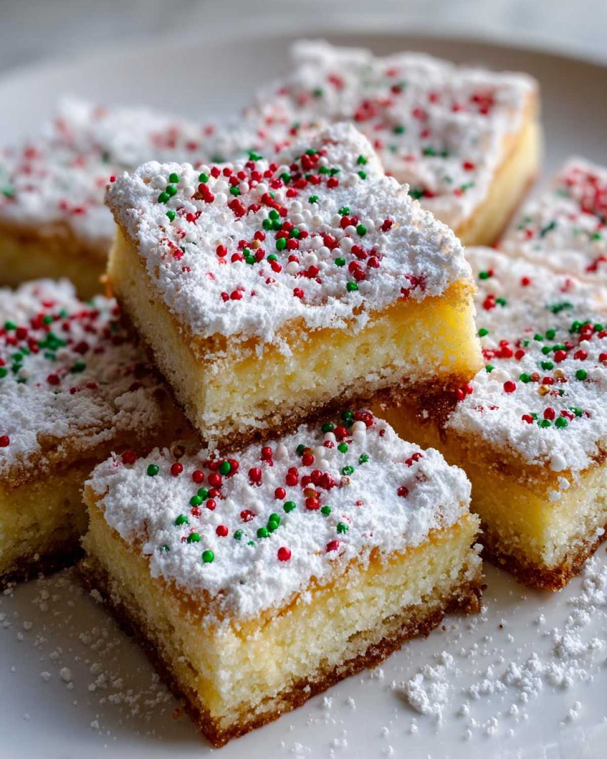 Close-up of several squares of christmas gooey butter cookies topped with powdered sugar and red and green sprinkles.