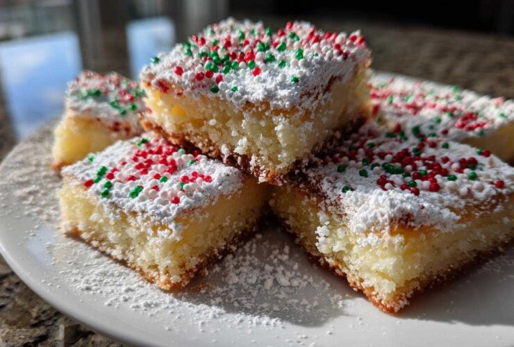 Close-up of stacked christmas gooey butter cookies squares dusted with powdered sugar and red/green sprinkles.