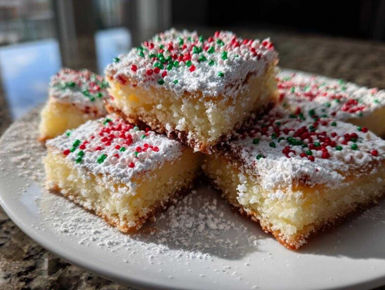 Close-up of stacked christmas gooey butter cookies squares dusted with powdered sugar and red/green sprinkles.