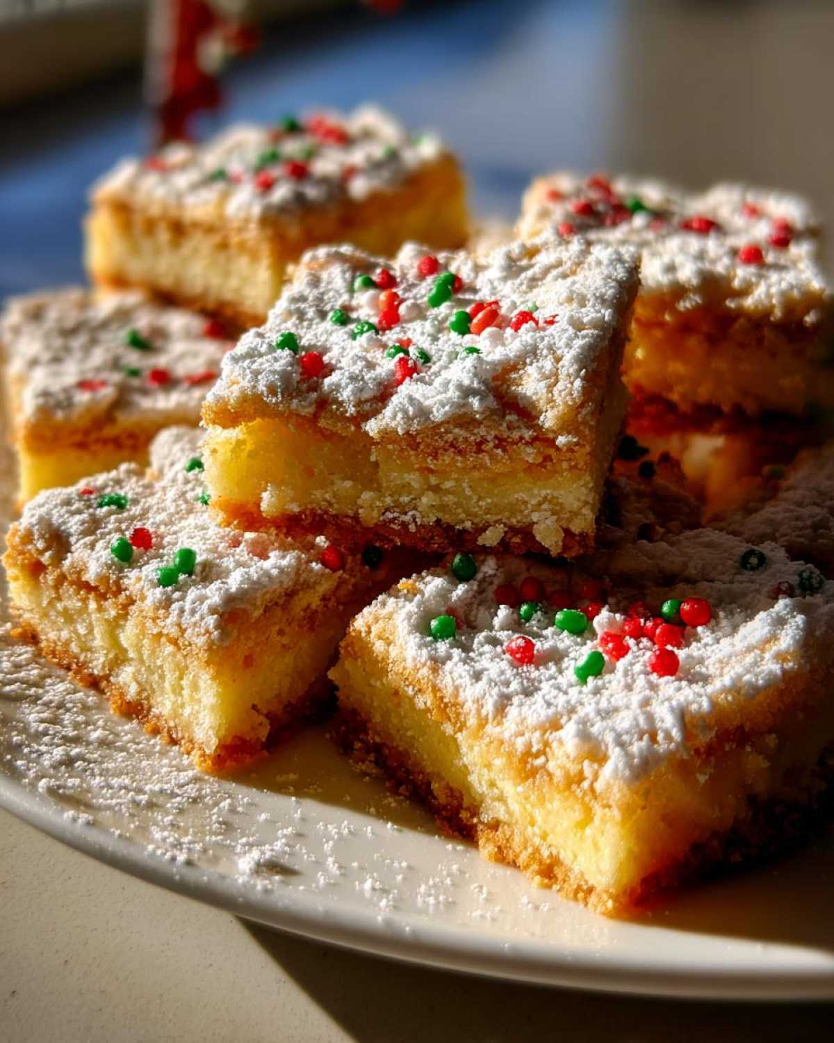 Close-up of several squares of christmas gooey butter cookies topped with powdered sugar and red and green sprinkles.