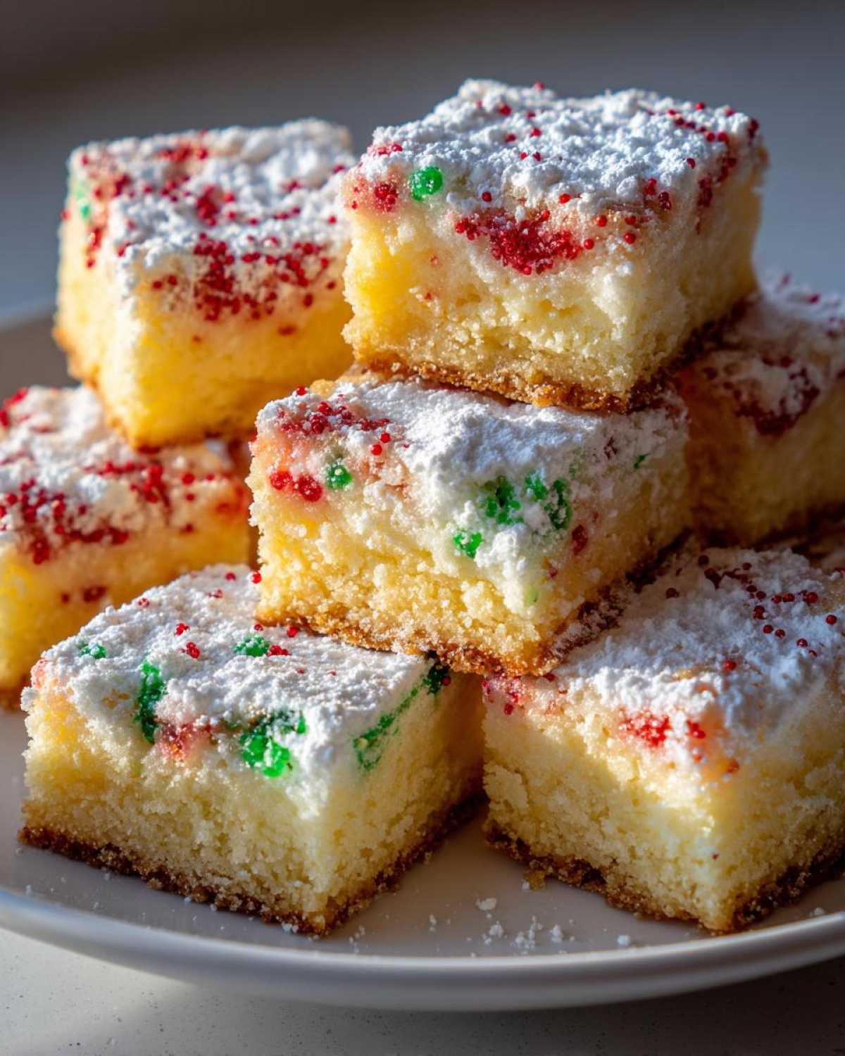 A stack of rich, yellow christmas gooey butter cookies topped with powdered sugar and red/green sprinkles.