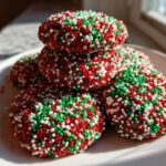 A stack of rich, round christmas sprinkle cookies covered entirely in red, green, and white nonpareils.