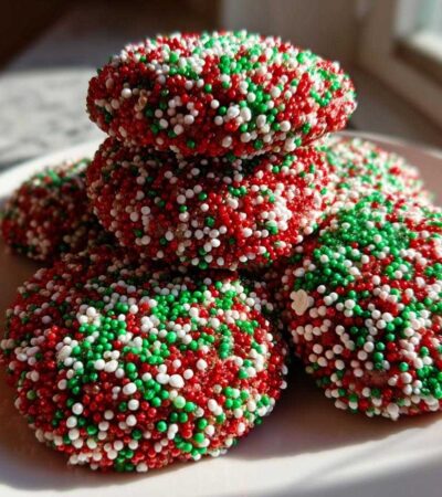 A stack of rich, round christmas sprinkle cookies covered entirely in red, green, and white nonpareils.