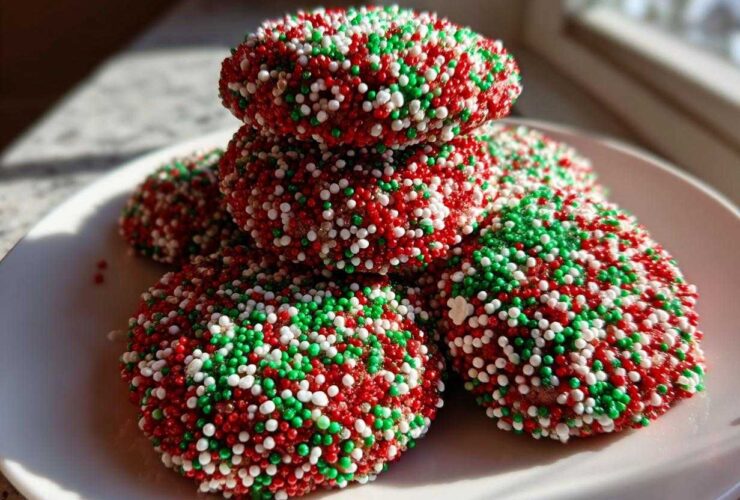 A stack of rich, round christmas sprinkle cookies covered entirely in red, green, and white nonpareils.