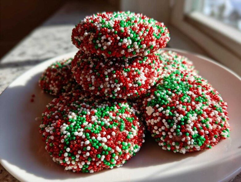 A stack of rich, round christmas sprinkle cookies covered entirely in red, green, and white nonpareils.