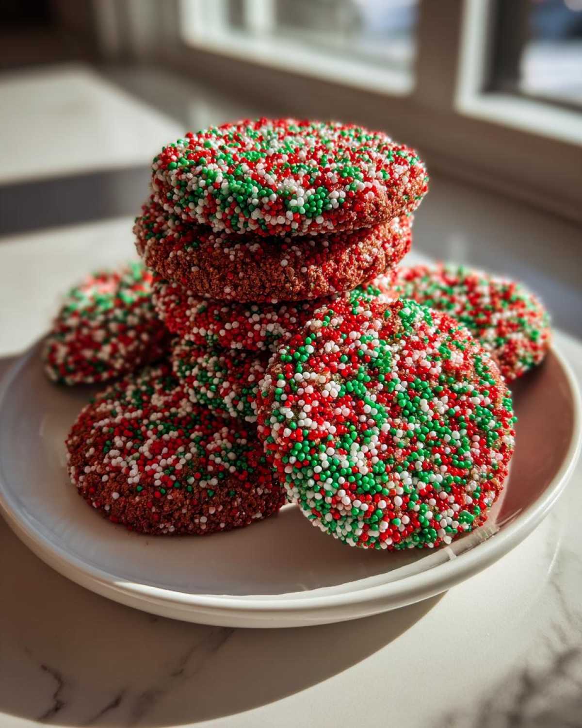 A stack of rich, dark christmas sprinkle cookies completely covered in red, green, and white nonpareils.
